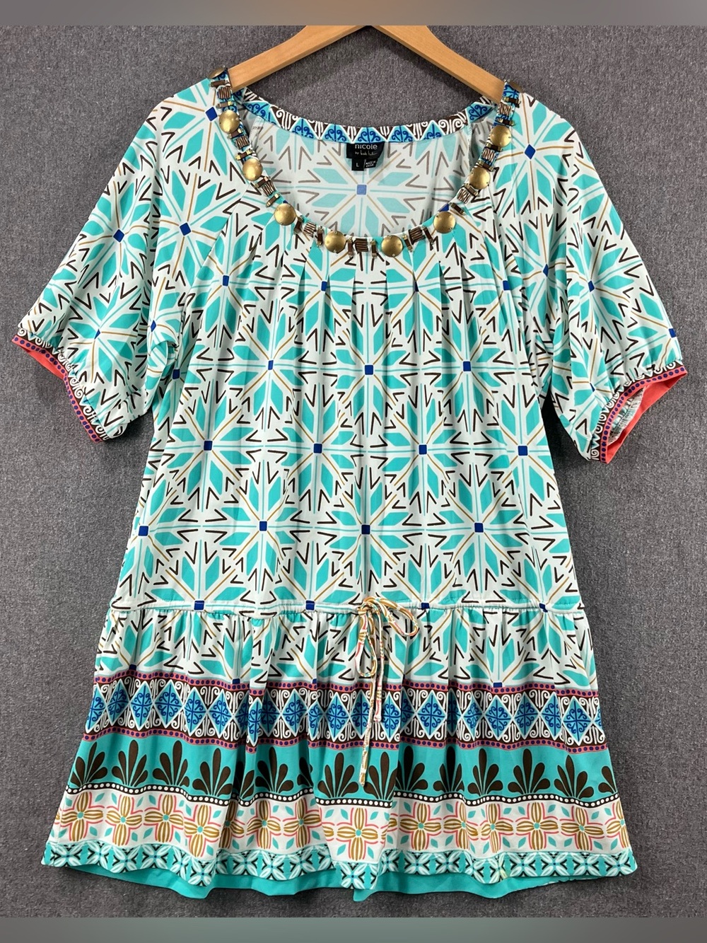 Nicole by Nicole Miller Beaded Neck Printed Dress Adjustable Waist Tie Boho